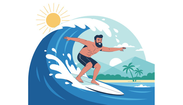 Active bearded man surfing on a surfboard inside a huge ocean wave near a tropical shore on a sunny day.