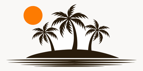 Tropical island silhouette with palm trees and orange sun graphic design © Prince