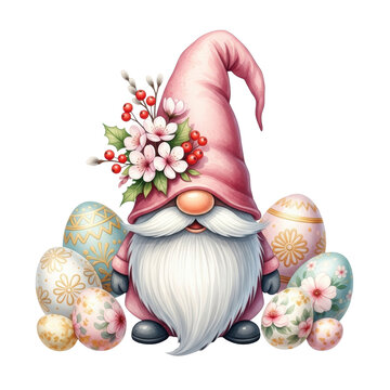 A jovial plump gnome with a long white beard and pink felt hat adorned with spring flowers and holly berries, guarding pastel Easter eggs on white, whimsical holiday mood