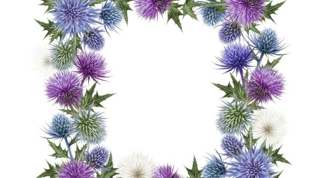 Square Frame of Purple and Blue Thistle Flowers on White.