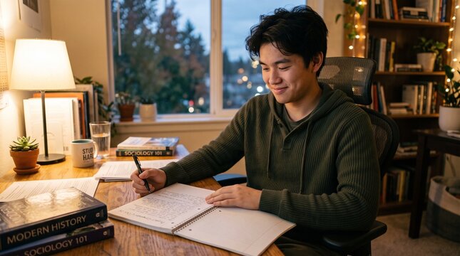 Young person writing homework at wooden desk with warm lamp light in cozy home setting
