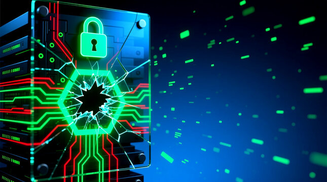 Hacking secure data server network displaying broken digital shield representing Cybersecurity Threats concept on cracked glass screen 3D illustration