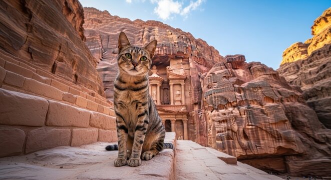 Tabby cat sitting in front of ancient Petra temple.