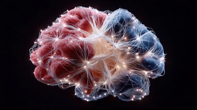 Brain Network Activity: A vibrant, abstract representation of a human brain's neural network, with glowing nodes and connections symbolizing thought processes and cognitive function.