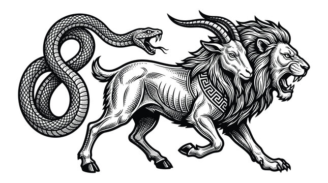 Mythical chimera beast with lion goat and snake features.