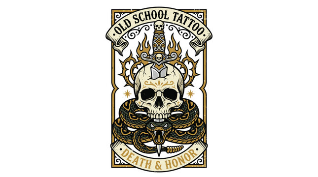 Old school tattoo flash with skull and dagger.