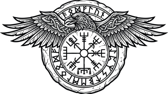 Norse raven with Vegvisir compass and runic circle art.