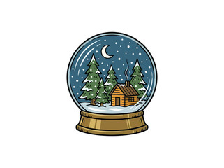 Obraz premium Illustration Of A Vivid Snow Globe Featuring A Rustic Wooden Cabin Surrounded By A Dense Evergreen Forest, With Gentle Falling Snow And A Bright Crescent Moon Vector Illustration