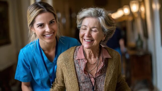 Caring Companionship: A young healthcare professional offers a warm smile and support to an elderly woman, highlighting the tender moments of care and connection in a bright, well-lit hallway.
