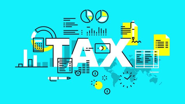 Financial tax accounting animation showing business typography text with calculator and chart icons.