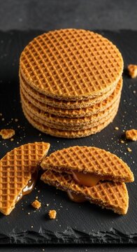 Stack of golden brown waffle cookies on dark surface.