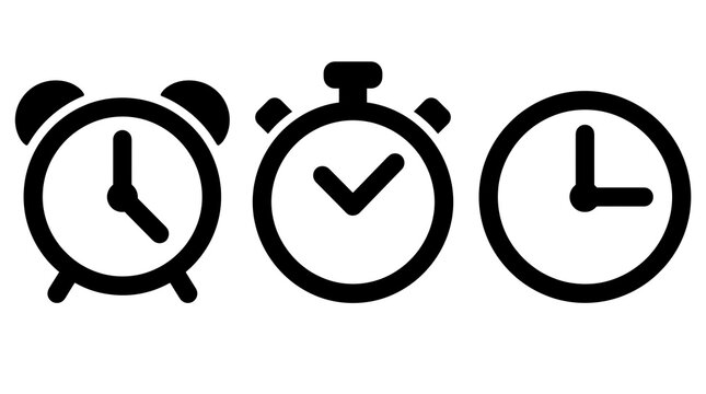 Set of three black clock icons including alarm clock stopwatch and wall clock for time management