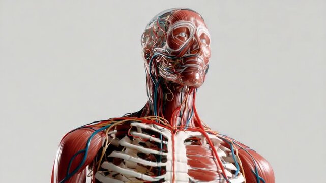 Anatomical Model: A detailed anatomical model showcasing the muscular system and circulatory system of the human body, highlighting arteries, veins, muscles, and bones.