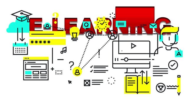 Online education text animation displaying e-learning typography with digital study icons on a white background.