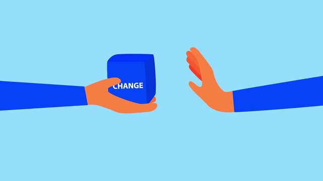Resisting change conceptual animation showing a hand refusing a blue block offered by another person.