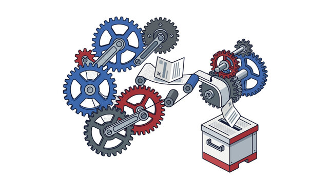 Automated Voting Machine with Gears and Ballot Box - Election Process Illustration