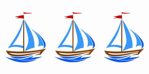 Stylized Sailboats With Blue Sails And Red Flags Vector Illustration © Sukla