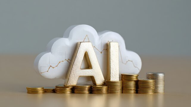 Artificial intelligence icon with cloud computing, financial trade graphs, and money coins for smart investment concept.