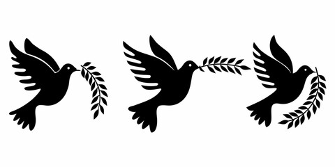 Fototapeta premium Black Dove Silhouettes With Olive Branches Graphic Design