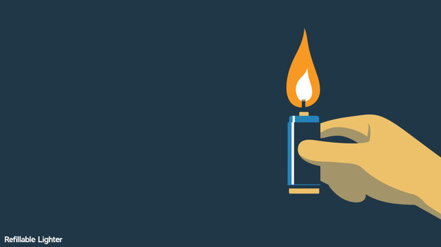 Hand holding refillable lighter with flame illustration