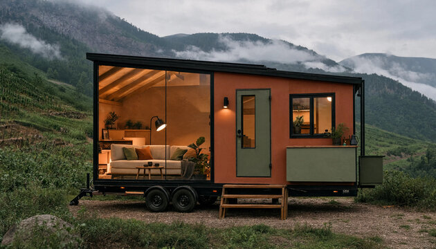 Ultra Minimalist Mobile Tiny House On Wheels With Pure White Render, Warm Timber Interior And Floor-To-Ceiling Glass Walls Set In Pastoral Landscape With Mature Trees And Rooftop Deck (AI-Generated)