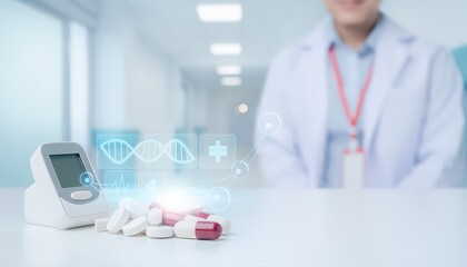 Fototapeta premium Futuristic medical pills with a digital holographic device on a table with doctor on the background.