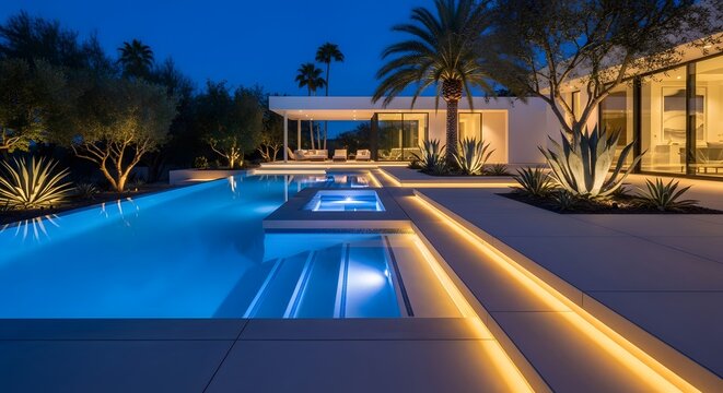 Modern luxury home backyard with illuminated swimming pool and hot tub at twilight.