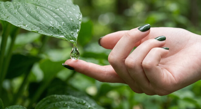 Close-up of a woman's finger with green nails catching a water drop from a leaf.