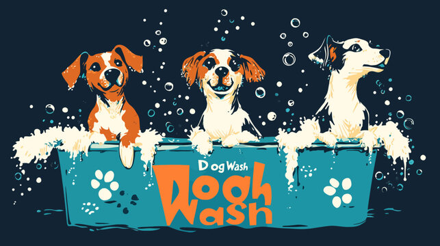 Three happy dogs bathed in sudsy water