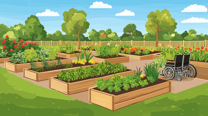 Obraz premium Accessible community garden with raised beds and wheelchair