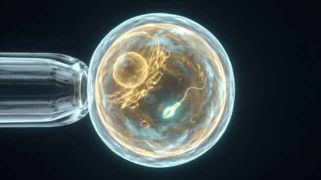 顕微授精による生命誕生の瞬間。黄金に発光する卵子への精子注入と受精プロセスの高精細CG表現