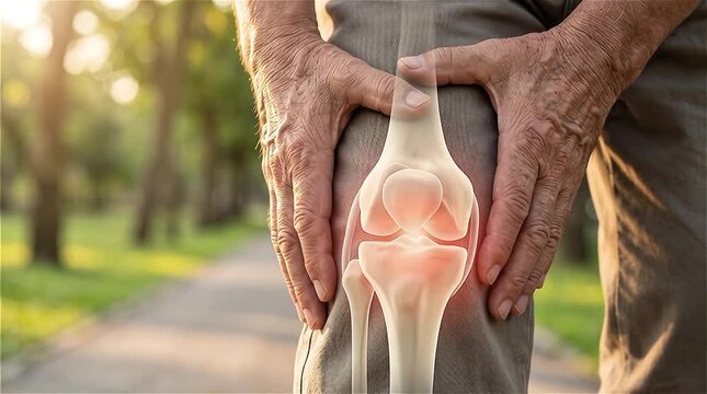 3D medical animation of an elderly man holding painful knee with glowing red skeleton joint highlighting osteoarthritis