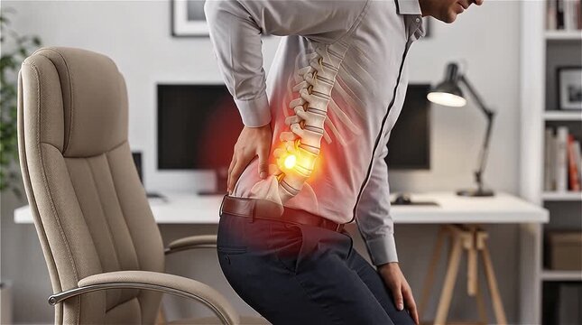 3D medical illustration of a male office worker suffering from lower back pain with glowing red lumbar spine