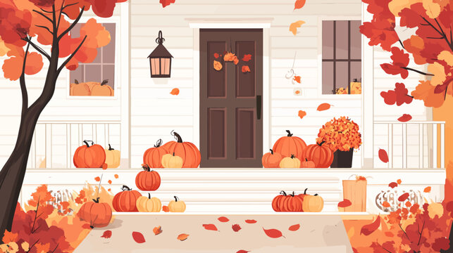 Autumn harvest porch decor with pumpkins and fall leaves