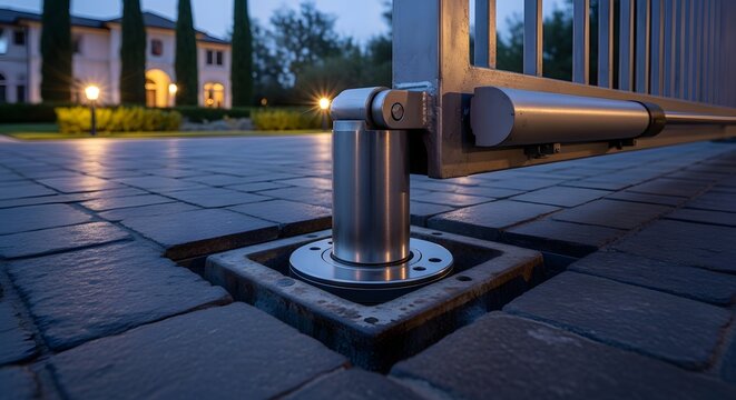 Close up of a modern automatic sliding gate mechanism installed on a stone paved driveway at dusk.