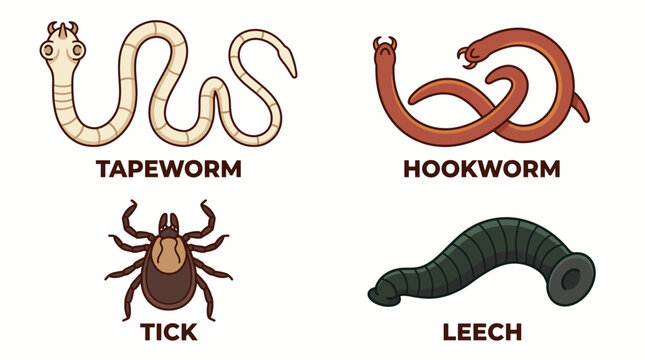 Cartoon Vector Set of Common Parasites Including Tapeworm, Hookworm, Tick and Leech with Labels