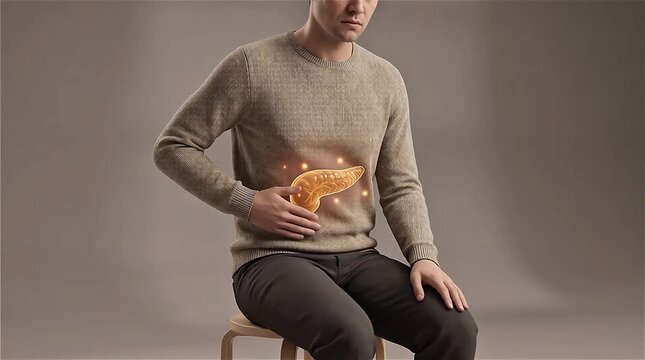3D medical animation of male body highlighting glowing red human pancreas organ showing digestive pain or inflammation