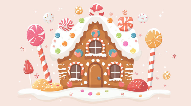 Christmas gingerbread house with candy decorations and snow
