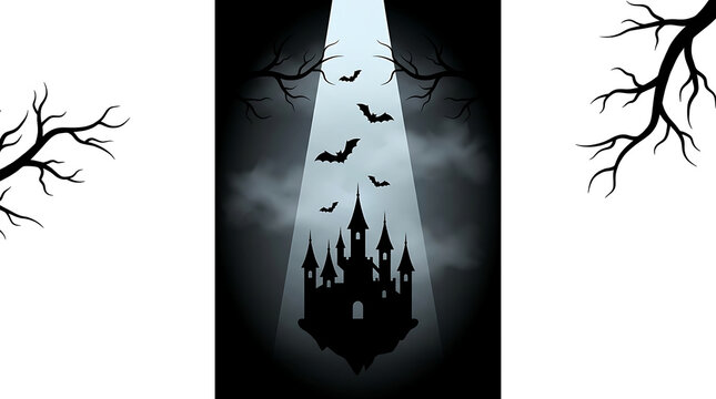 Spooky castle silhouette with bats flying under a beam of light on a dark and cloudy night with bare trees