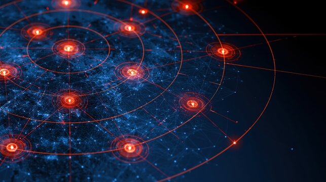 Glowing radar sweep highlighting red threat nodes across a dark digital network map