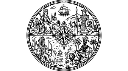 Naklejka premium Vintage Compass Rose with Four Continents Symbols.