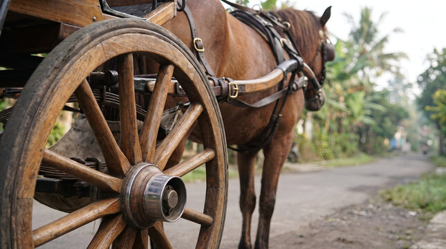 Close-up detail of authentic Indonesian horse carriage craftsmanship, suitable for heritage education, cultural publications, tourism marketing, and commercial design.