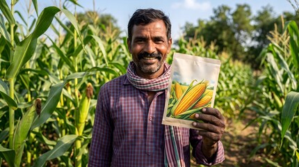 Fototapeta premium Indian Farmer Holding Corn Seed Packet In Field