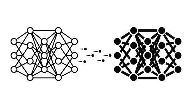 Neural network deep learning processing icon set with learning, artificial
