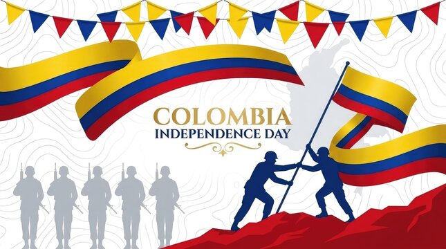 Silhouettes of people raising the national flag on a hill for Colombia Independence Day poster layout
