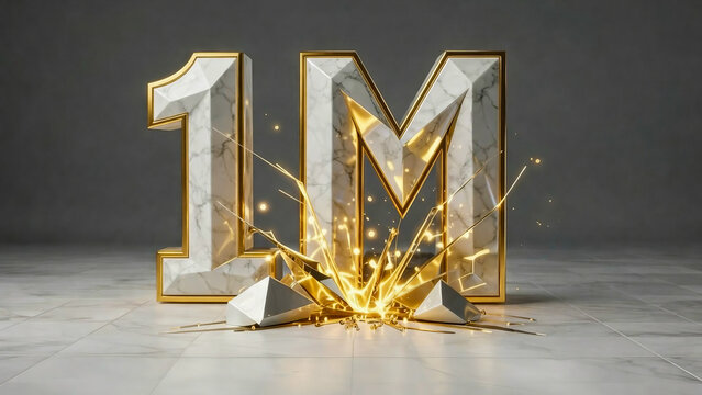 Premium 3D 1M One Million Milestone Sign with Luxury Gold and White Marble Splash