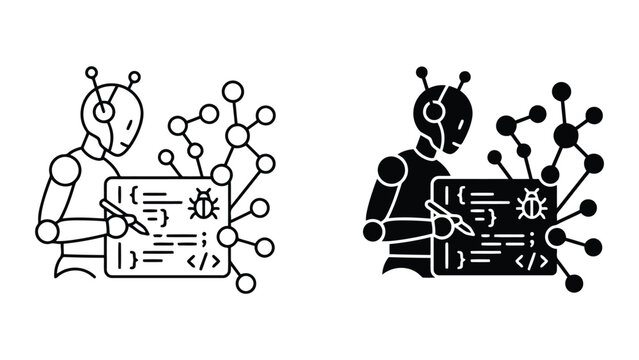 Robot programmer debugging code software icon set with programmer, software