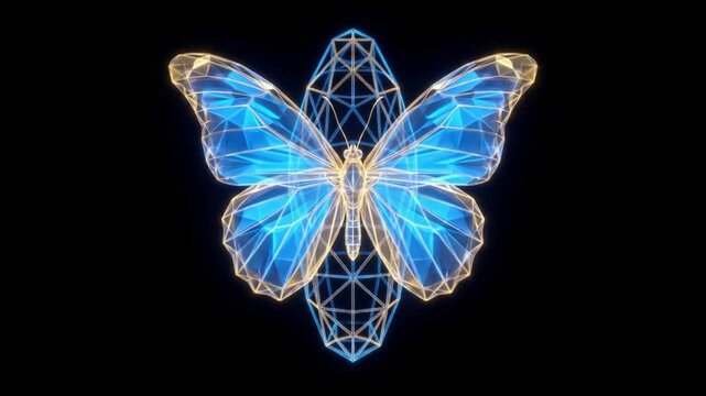 幾何学的なサナギから羽化して羽を広げる結晶の蝶。暗闇で発光する高精細CG映像