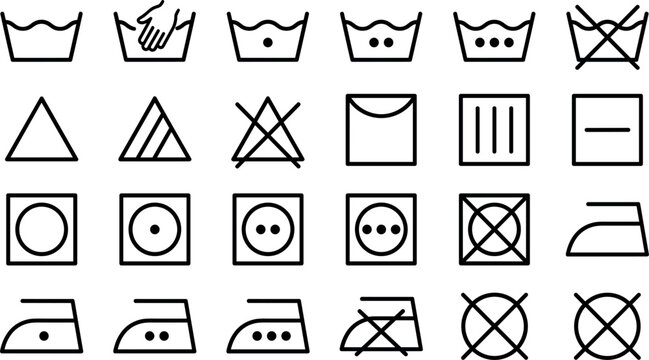 Laundry Care Symbols and Fabric Washing Instruction Icon Collection for Clothing Labels