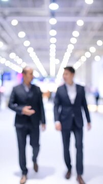 Blurred businessmen walking in a bright exhibition hall